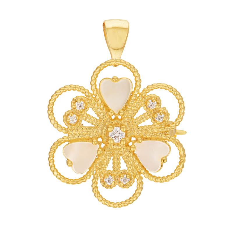 Broche pendentif plaqué or, nacres et oxydes de zirconium