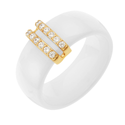 Bague en plaqué or, oxydes de zirconium et céramique blanche