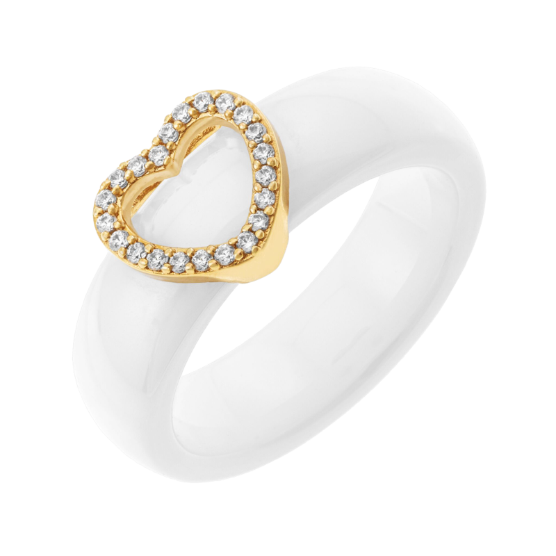 Bague en plaqué or, oxydes de zirconium et céramique, coeur