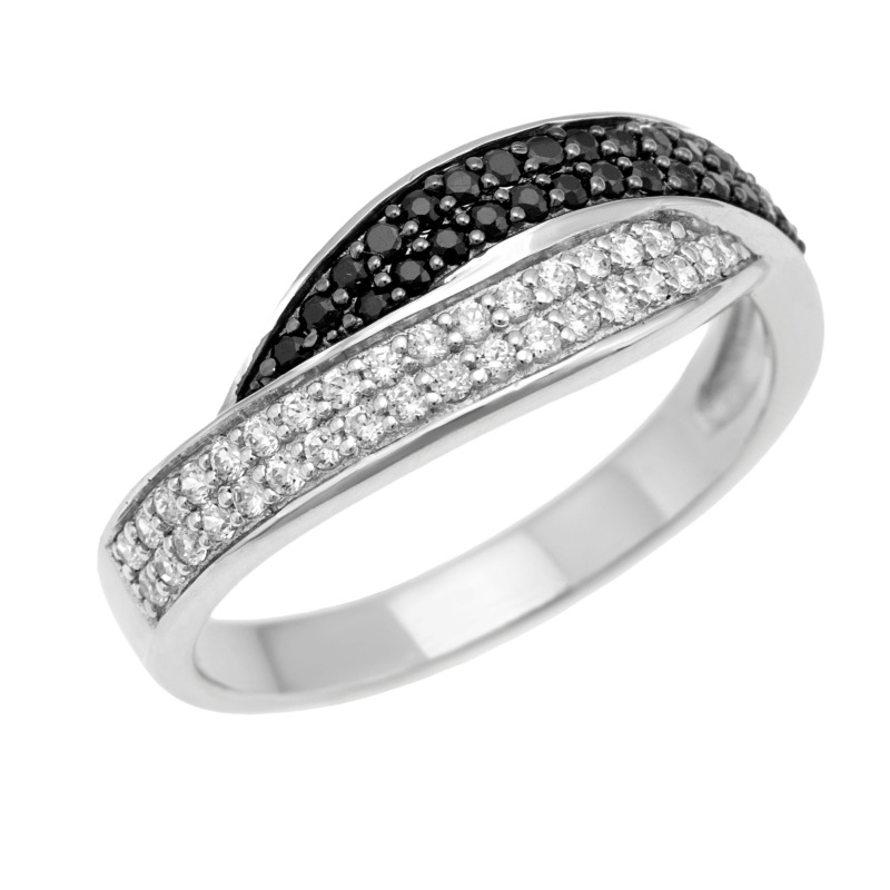 Bague en argent rhodié et rhodié noir, oxydes de zirconium