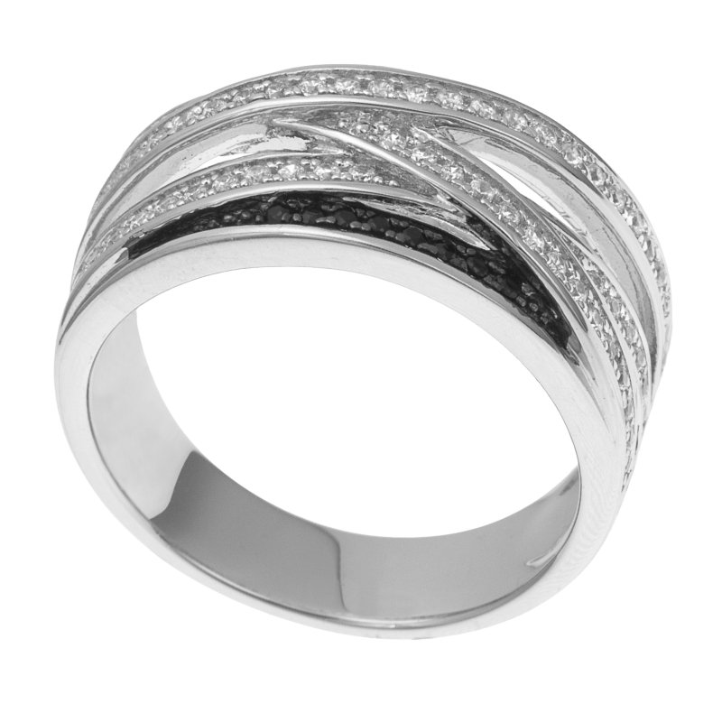 Bague en argent rhodié et rhodié noir, oxydes de zirconium