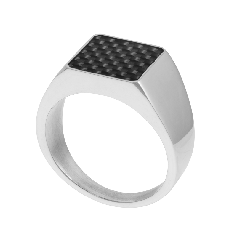 Bague chevalière en acier et carbone