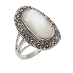 Bague en argent vieilli, nacre et marcassites