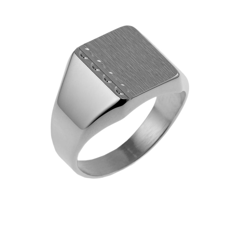 Chevalière rectangle en argent rhodié, diamantée sur les côtés