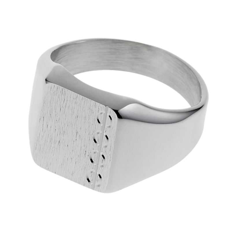 Chevalière rectangle en argent rhodié, diamantée sur les côtés