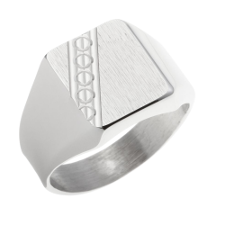 Chevalière rectangle en argent rhodié, diagonale diamantée