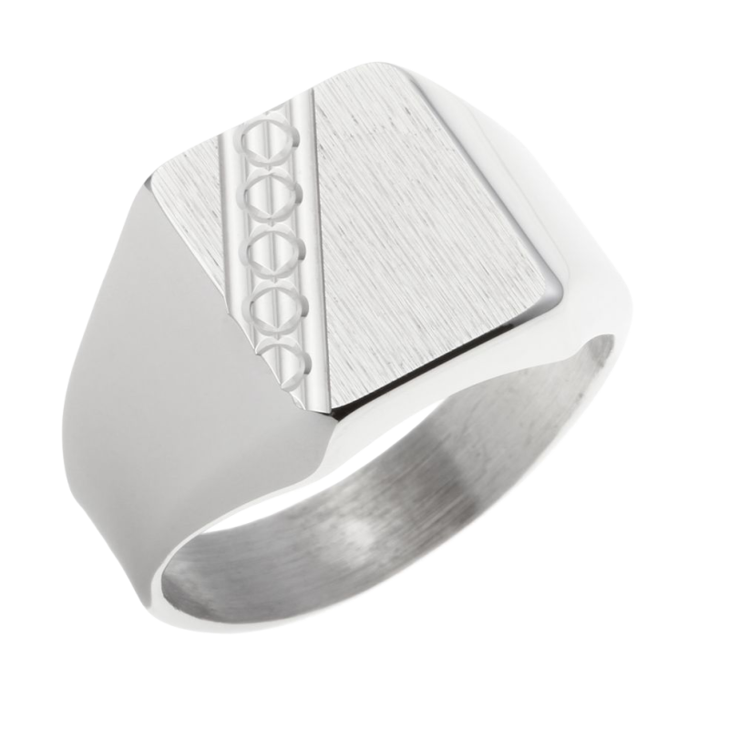 Chevalière rectangle en argent rhodié, diagonale diamantée
