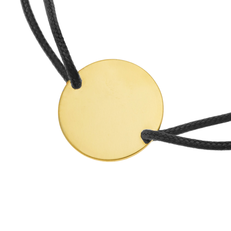 Bracelet cordon noir en plaqué or, plaque ronde 19.5 mm