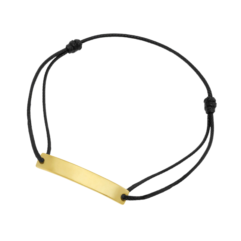 Bracelet cordon noir en plaqué or, plaque rectangle 6 mm