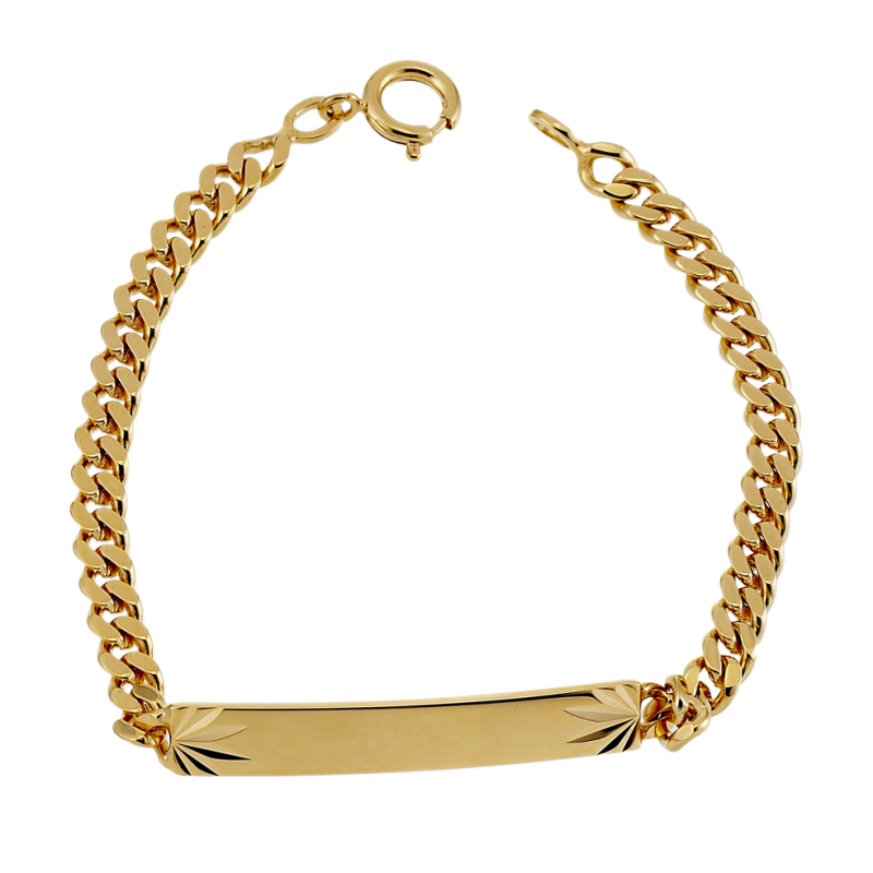 Identité en plaqué or, maille gourmette, plaque 5mm diamantée sur le côté