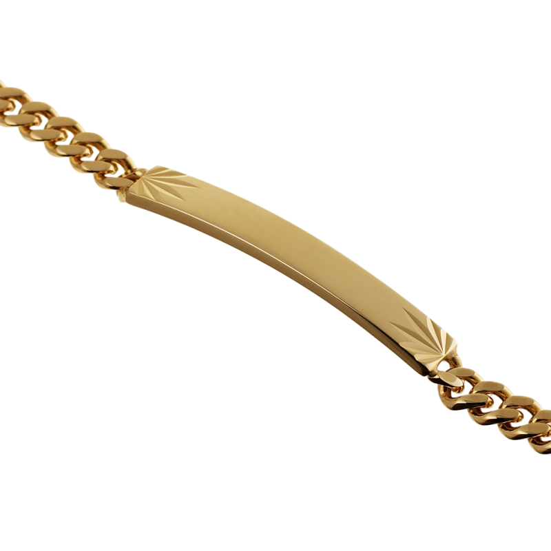 Identité en plaqué or, maille gourmette, plaque 5mm diamantée sur le côté