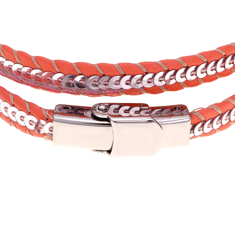 Bracelet en acier, simili cuir et paillettes