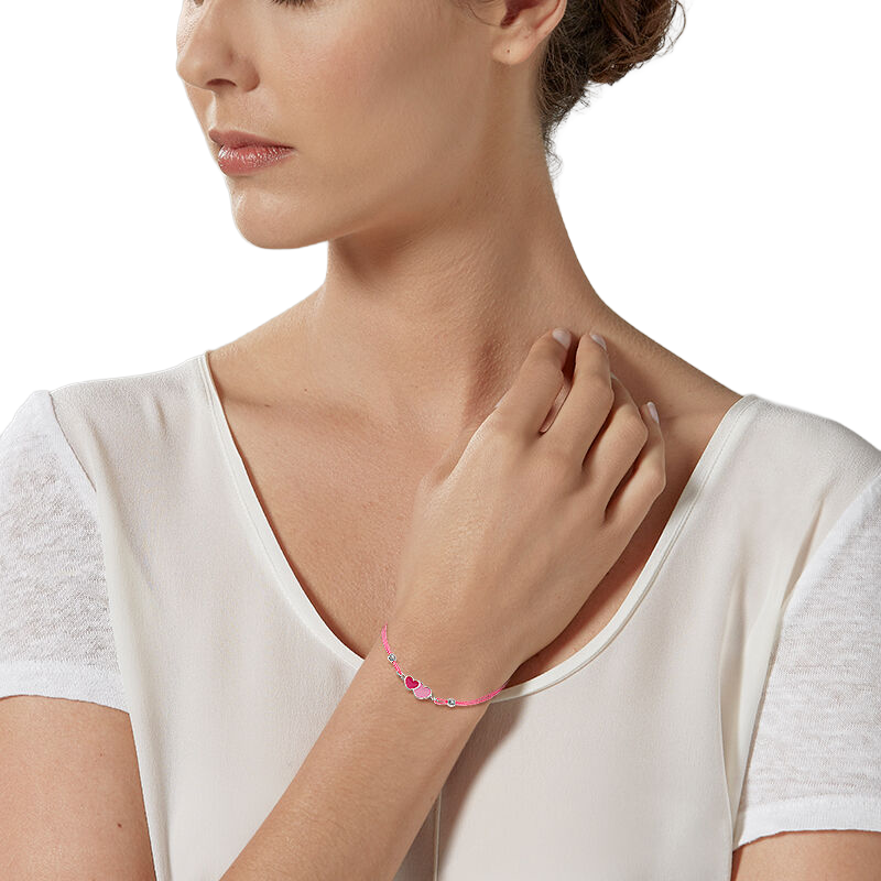 Bracelet cordon  en argent rhodié et laque, coeurs roses