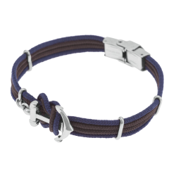 Bracelet en acier, fils polyester marron et bleu, ancre