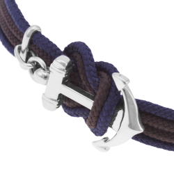 Bracelet en acier, fils polyester marron et bleu, ancre