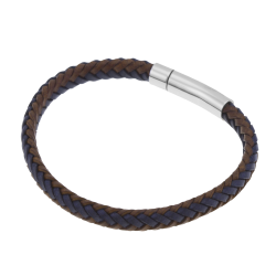 Bracelet en acier, cuir marron et bleu