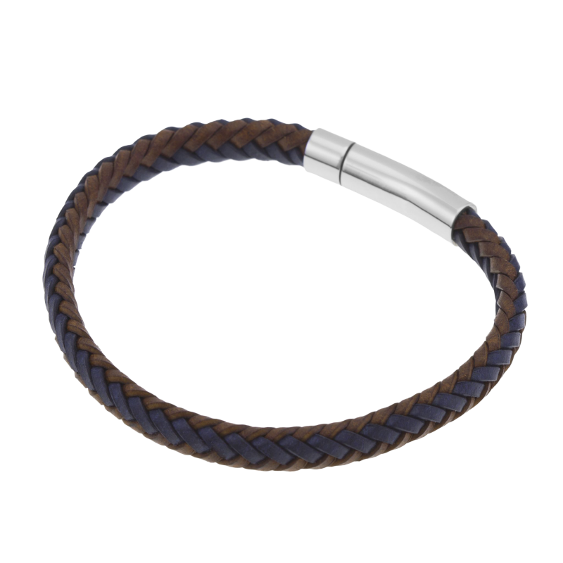 Bracelet en acier, cuir marron et bleu