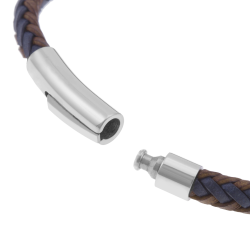 Bracelet en acier, cuir marron et bleu