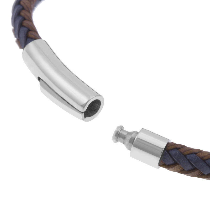 Bracelet en acier, cuir marron et bleu