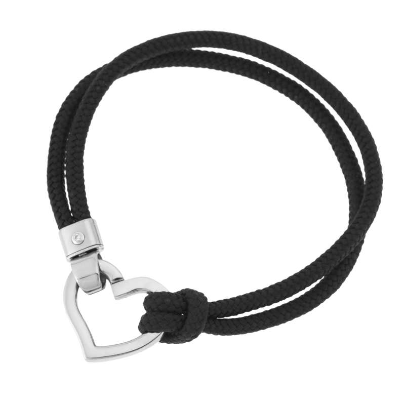 Bracelet en acier, cordon polyester noir et oxyde de zirconium, coeur ouvrant