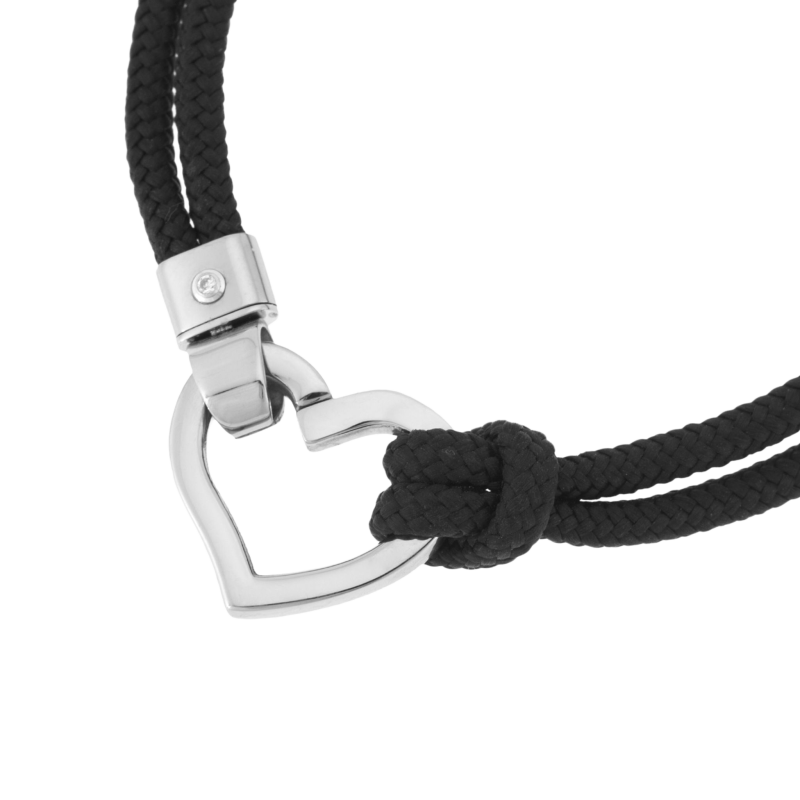 Bracelet en acier, cordon polyester noir et oxyde de zirconium, coeur ouvrant