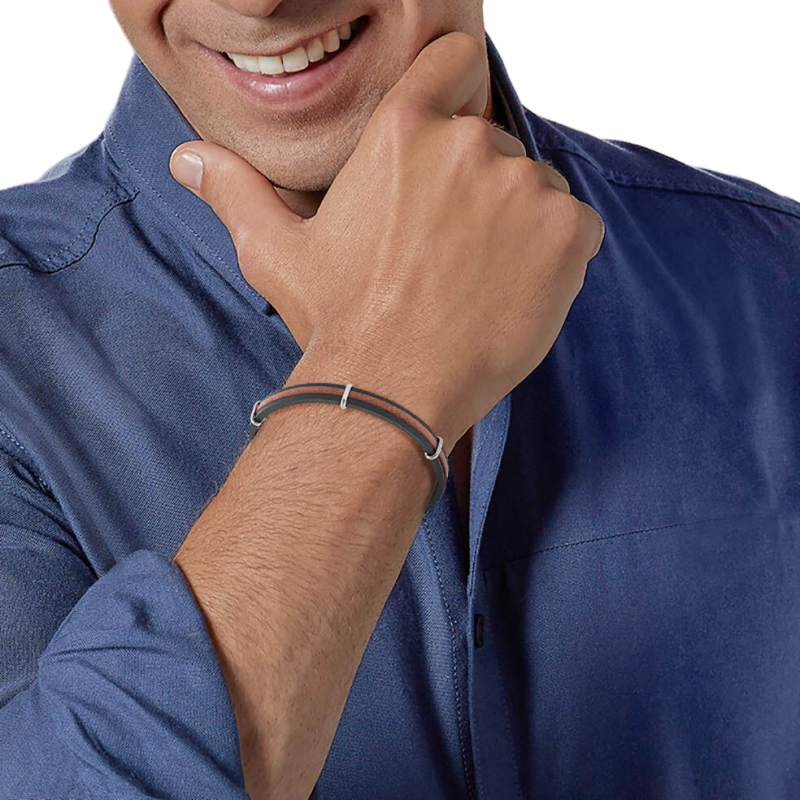 Bracelet en acier, cuir noir et marron