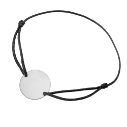 Bracelet cordon noir en argent rhodié, plaque ronde 19.5 mm