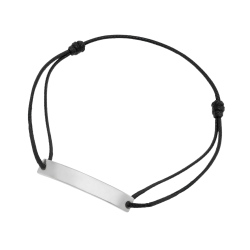 Bracelet cordon noir en argent rhodié, plaque rectangle 6 mm