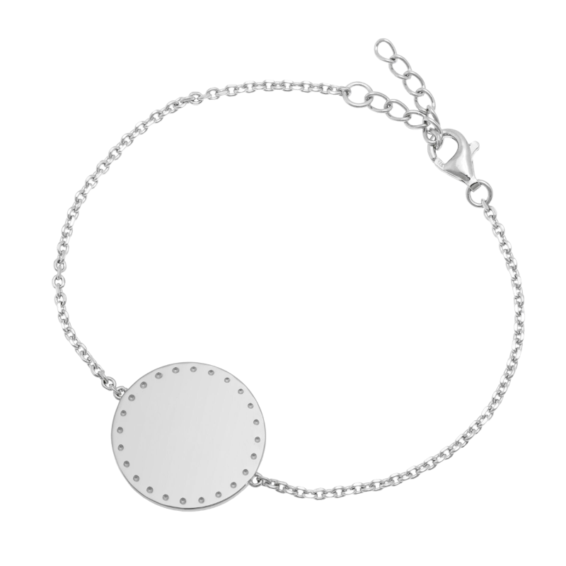 Bracelet en argent rhodié plaque ronde 19 mm, motif pointillé