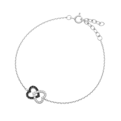Bracelet en argent rhodié et rhodié noir, oxydes de zirconium, coeurs