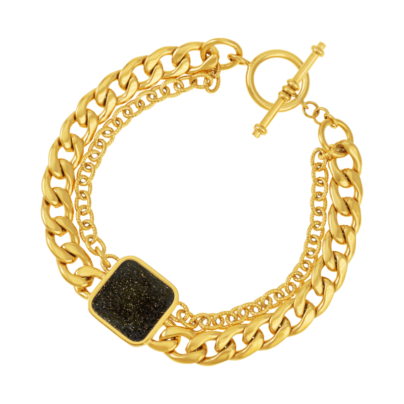Bracelet en acier doré et laque noire pailletée