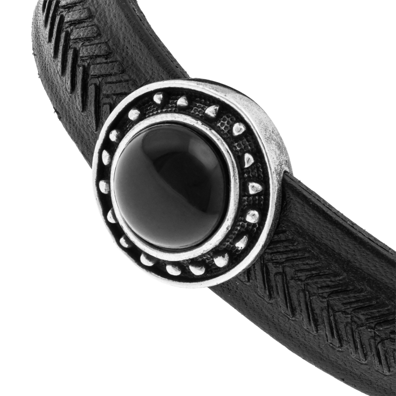 Bracelet en argent rhodié, fermoir acier et cuir, agate noire