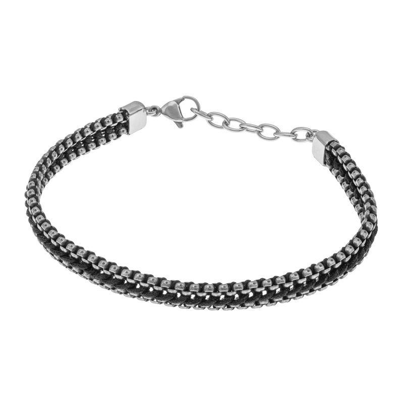 Bracelet en acier noir et cordon noir