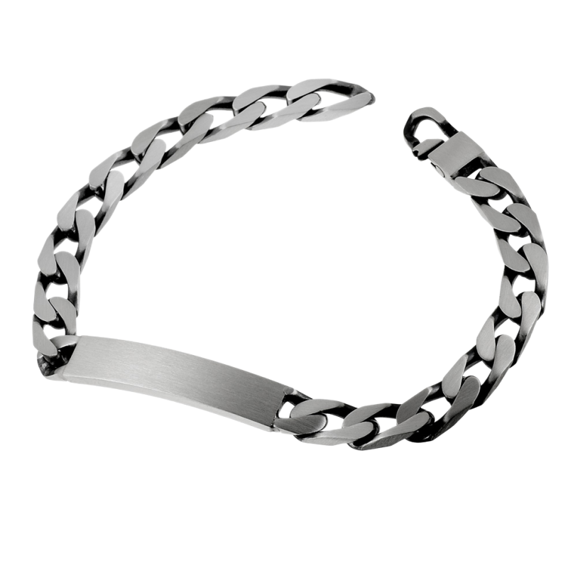 Identité en argent vielli, plaque rectangle 7 mm et maille cheval resserrée