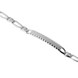 Identité en argent, plaque rectangle diamantée 4 mm et maille cheval barrette  1-1