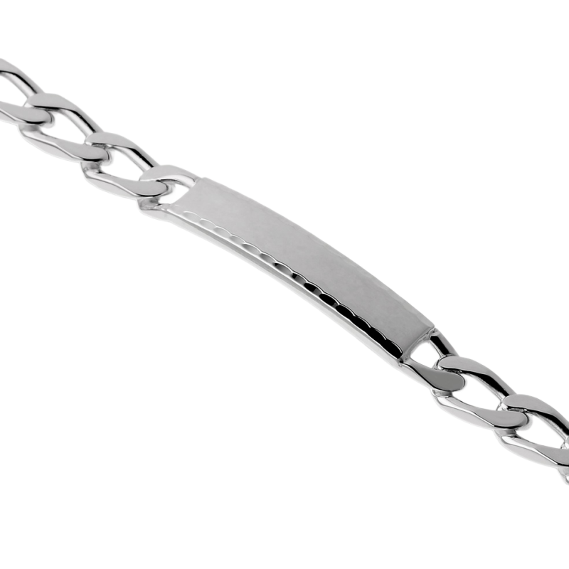Identité en argent, plaque rectangle diamantée 5 mm et maille cheval resserrée