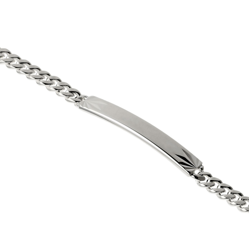 Identité en argent, plaque rectangle diamantée soleil 5 mm et maille gourmette