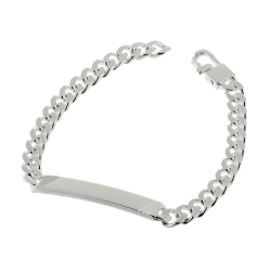 Identité en argent, plaque rectangle diamantée 6,4 mm et maille gourmette