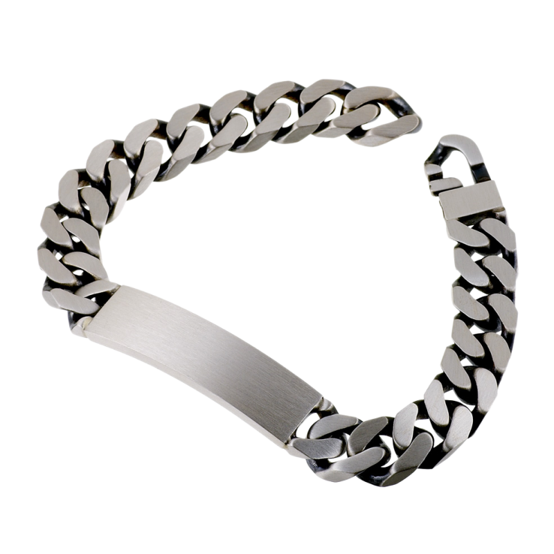 Identité en argent noirci, plaque 11 mm et maille gourmette