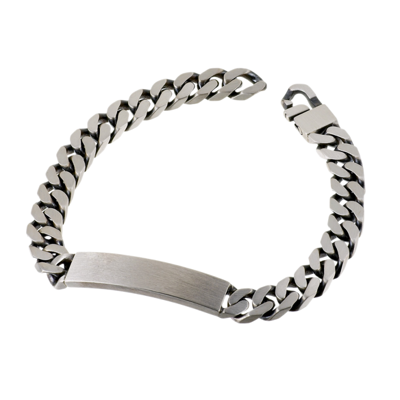 Identité en argent vieilli, plaque rectangle 8 mm et maille gourmette