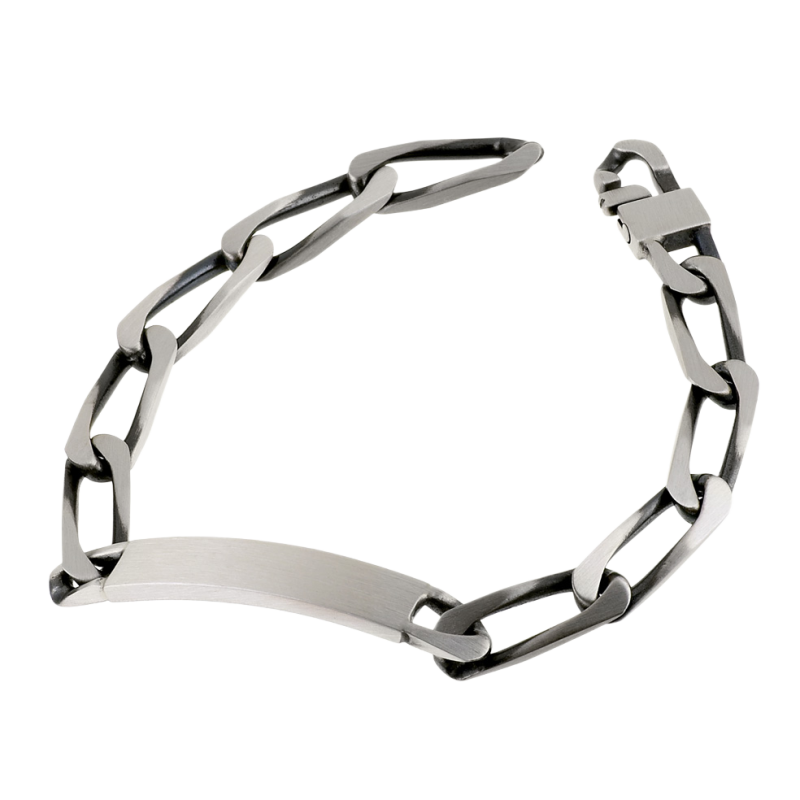 Identité en argent vieilli, plaque rectangle 8 mm et maille cheval