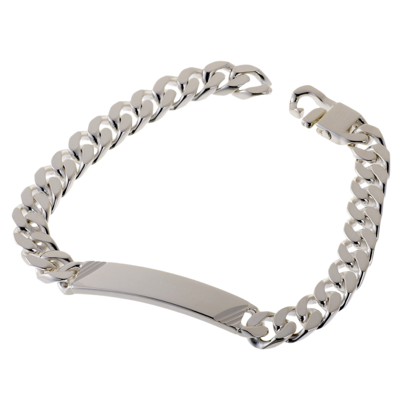 Identité en argent, plaque rectangle diamantée 8 mm et maille gourmette