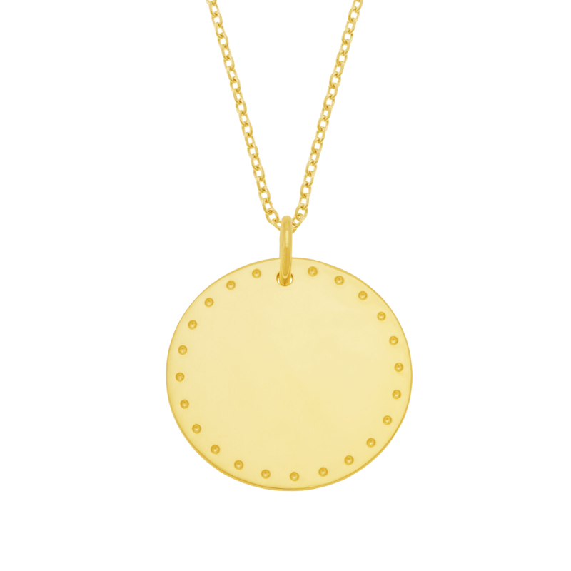 Collier en plaqué or plaque ronde 25 mm,  motif pointillé