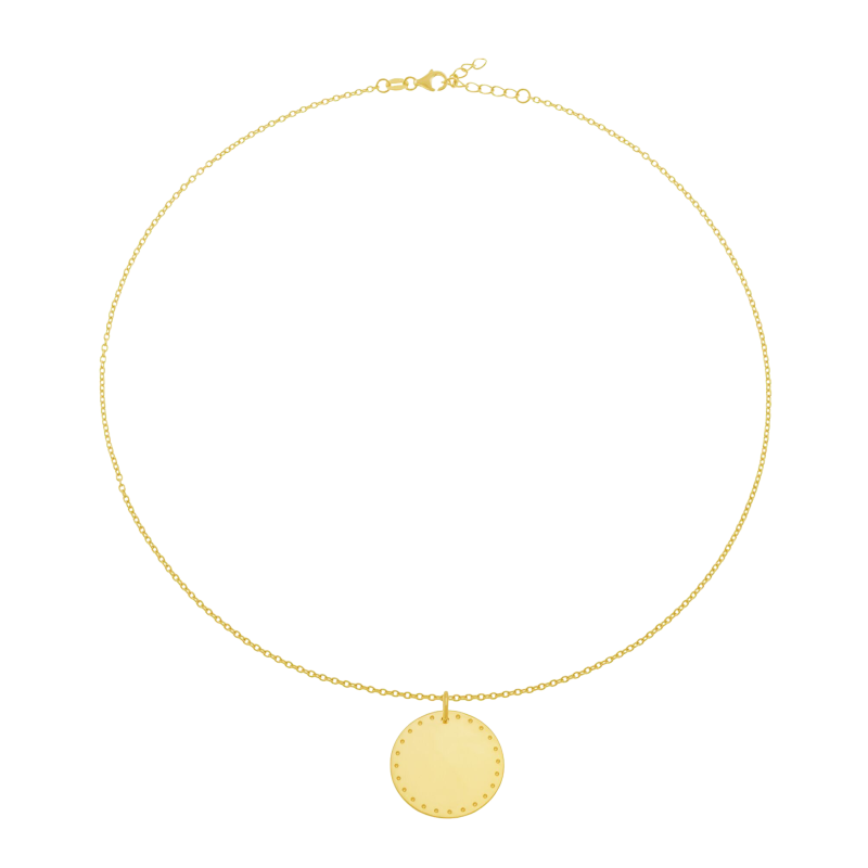 Collier en plaqué or plaque ronde 25 mm,  motif pointillé