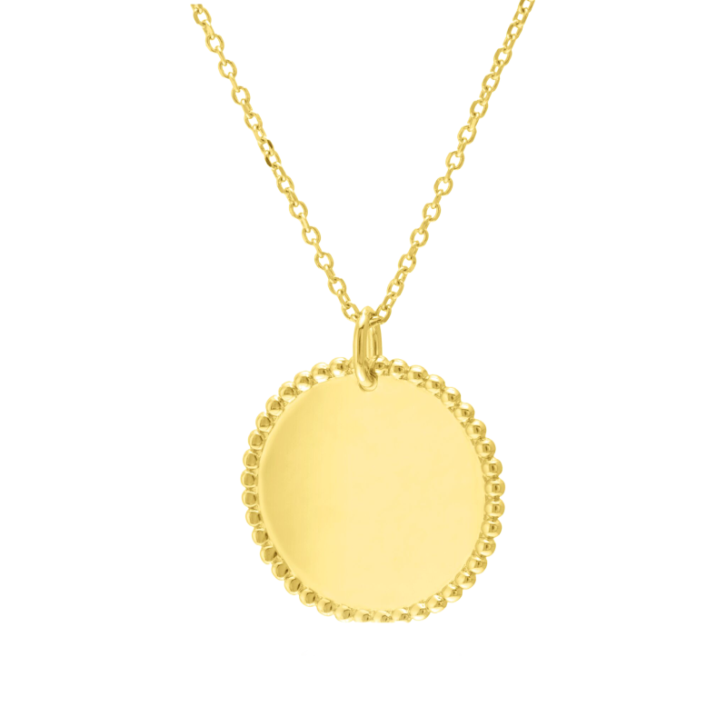 Collier en plaqué or, plaque ronde perlée 25 mm