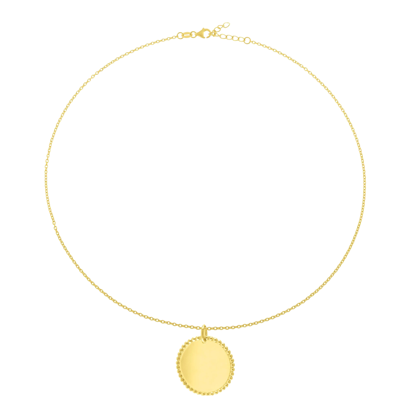Collier en plaqué or, plaque ronde perlée 25 mm