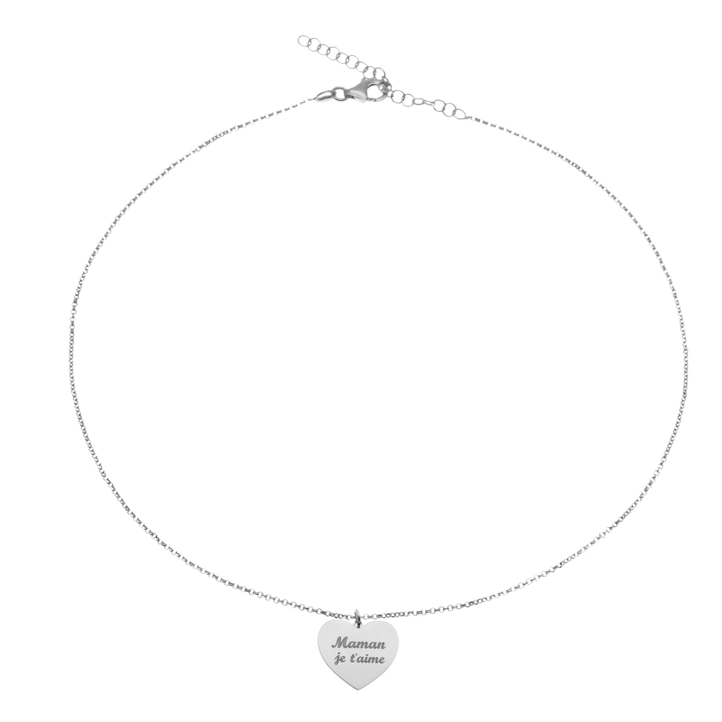 Collier en argent rhodié, coeur Maman je t'aime