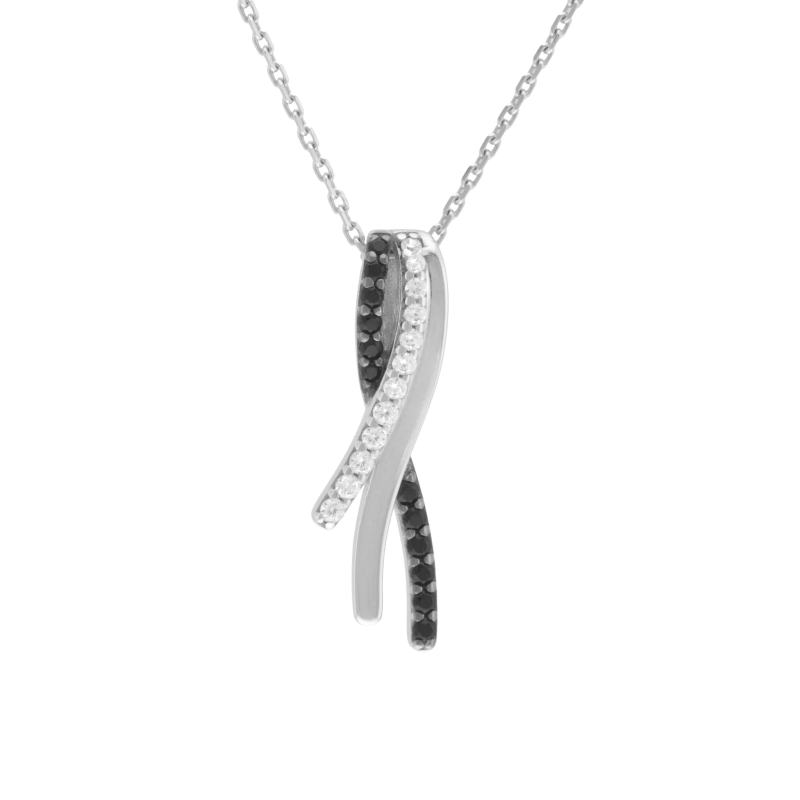Collier en argent rhodié et rhodié noir, oxydes de zirconium noirs et blancs
