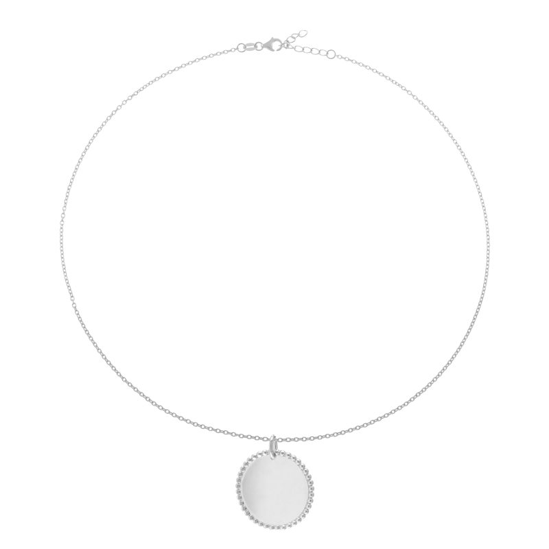 Collier argent rhodié, plaque ronde perlée 25 mm