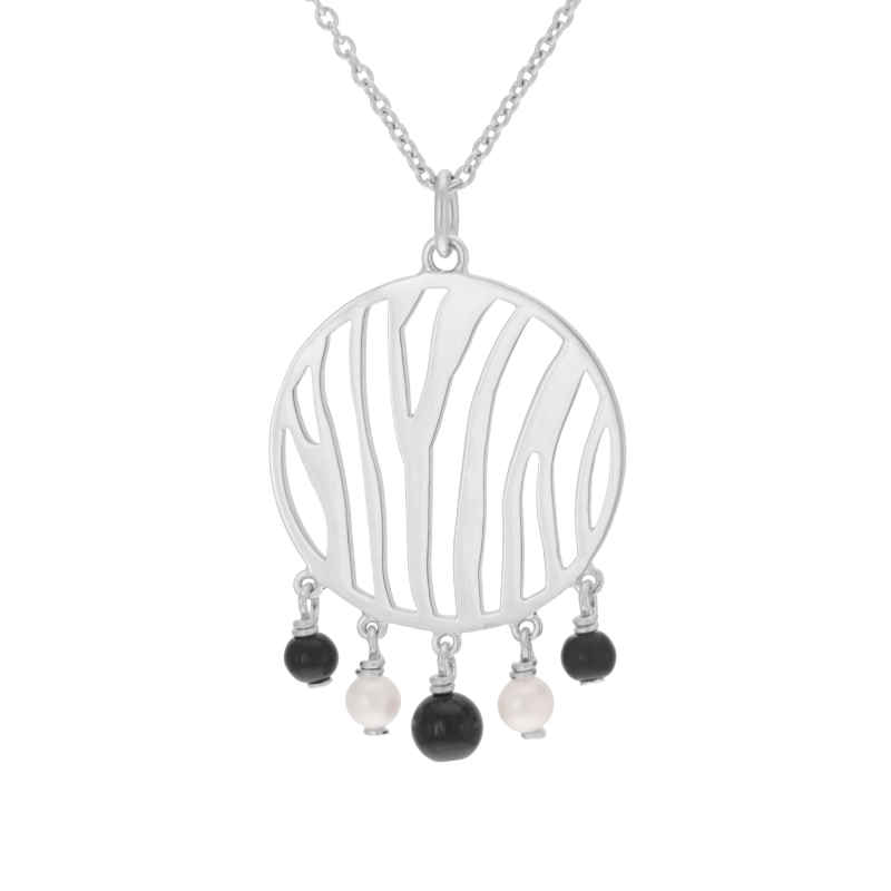 Collier en argent rhodié, perles de culture et onyx